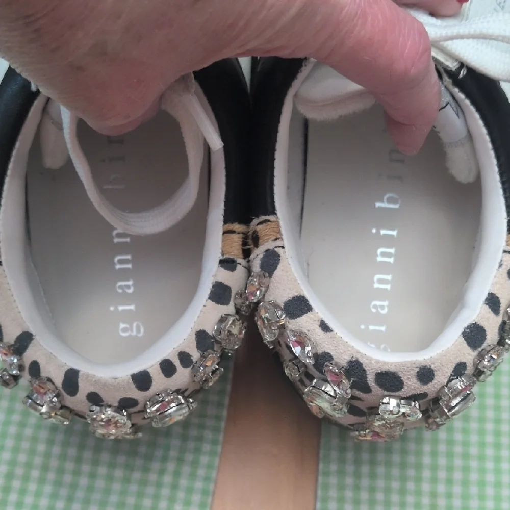 Gianni Bini White Leather Sneakers with Black Heel and Crystal Accents